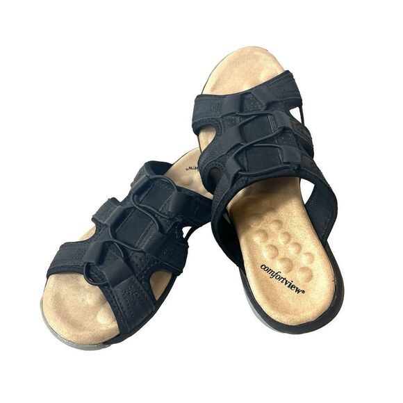 Comfortview Sandals Women's 7 W Black Slides Comfort Casual Slip On Faux Leather - Picture 1 of 10